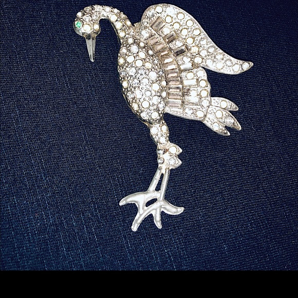Vintage Antique Sterling Silver Rhinestone Crane Brooch - Picture 1 of 6